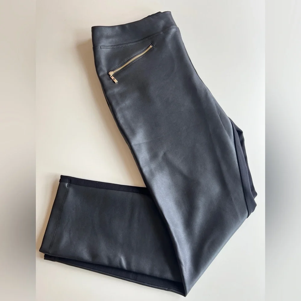Faux Leather Ponte Pant with Gold Hip Zippers - Picture 2 of 5